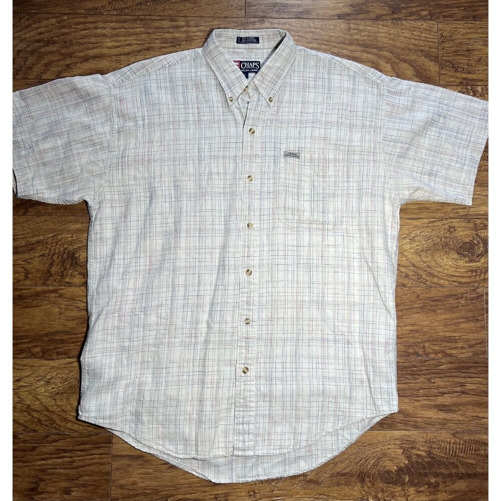 Chaps Ralph Lauren Shirt Mens  Beige Plaid Linen Blend Casual Shirt SZ Large